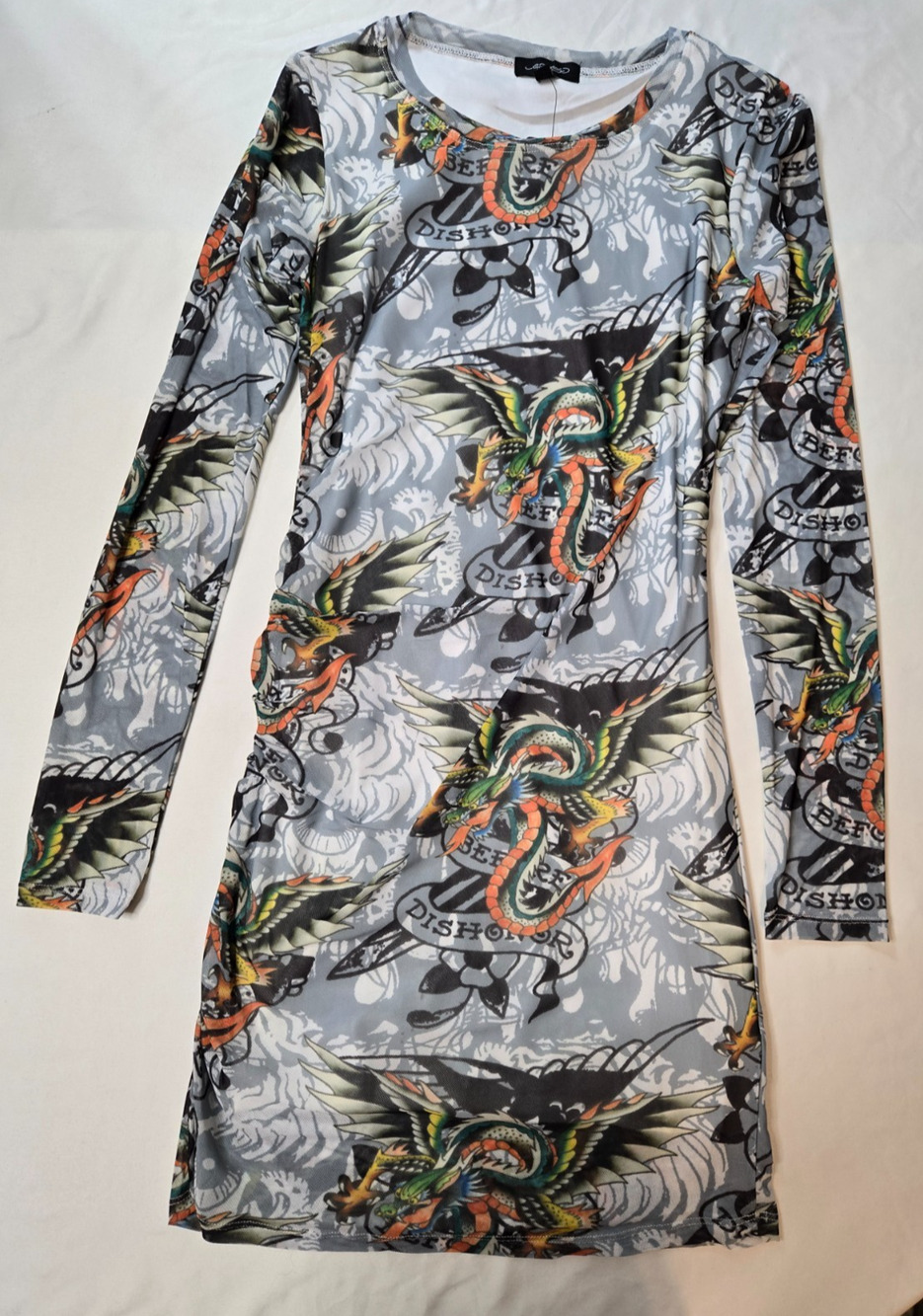Ed Hardy Women's Mini Dress Long Sleeve Eagle Graphic Tattoo Print